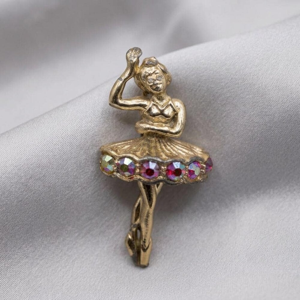 Ballerina Vintage Brooch Rhinestone Skirt Dancer Ballet Pin Gold Tone 1.75 inch